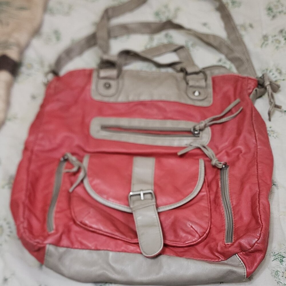 Coral and tan satchel bag with adjustable straps